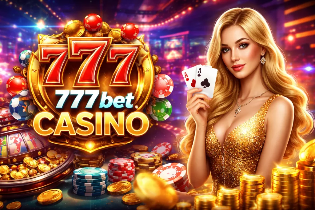 Mulher loira com vestido dourado segurando cartas diante de um grande letreiro 777bet Casino, com fichas coloridas, moedas e ambiente iluminado de cassino ao fundo.